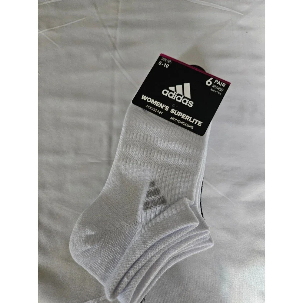 Adidas Womens No Show Socks 6 Pairs Black White Gray Superlite Compression 5-10